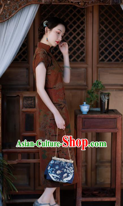 Chinese Traditional Qipao Costume Classical Goddess Pattern Dark Red Silk Cheongsam National Women Dress