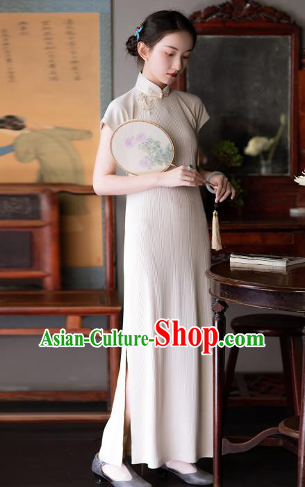 Chinese Classical Beige Long Qipao Dress Traditional National Women Cheongsam Costume