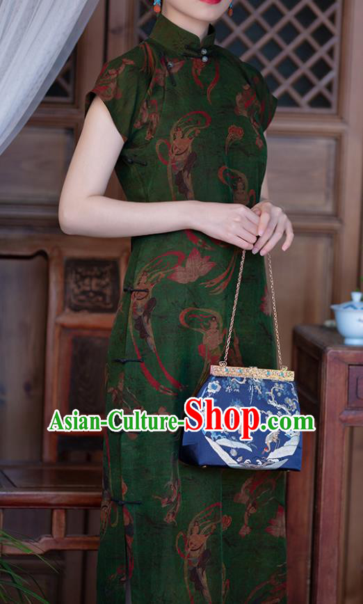 Chinese Traditional National Women Dress Qipao Costume Classical Goddess Pattern Green Silk Cheongsam