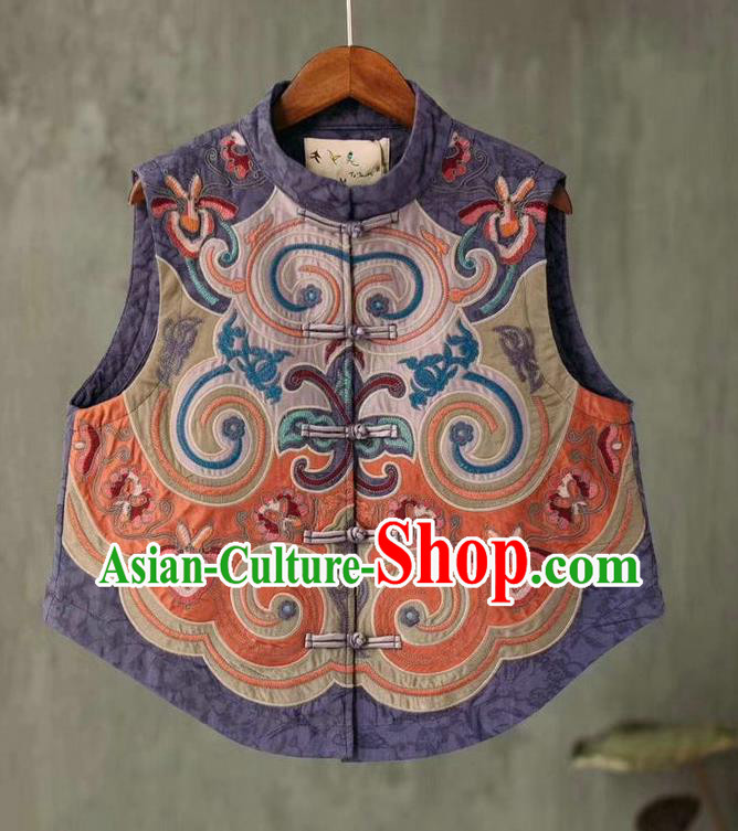 China National Women Vest Embroidered Waistcoat Traditional Tang Suit Upper Outer Garment Lilac Flax Clothing