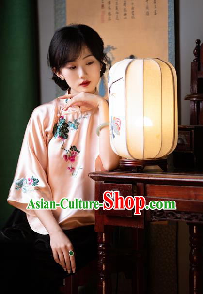 Chinese Traditional Embroidered Shirt Tang Suit Upper Outer Garment Classical Pink Silk Blouse for Women