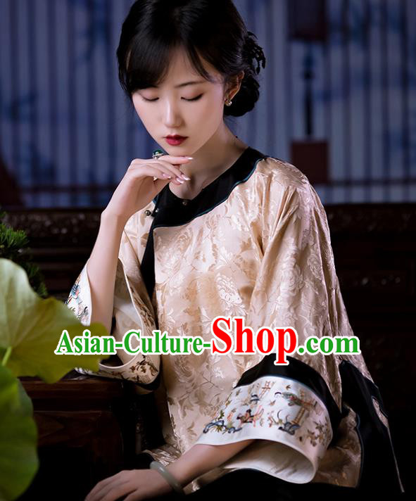 Chinese Traditional Tang Suit Upper Outer Garment Embroidered Apricot Silk Shirt Classical Blouse for Women