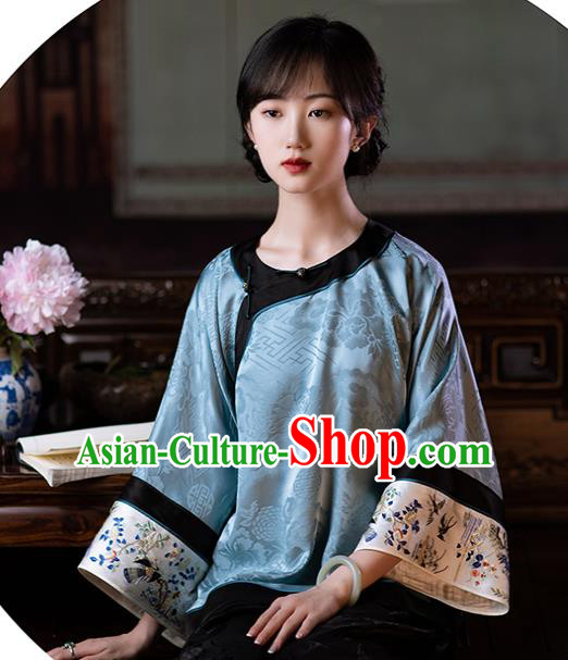 Chinese Embroidered Shirt Tang Suit Upper Outer Garment Traditional Classical Blue Silk Blouse for Women