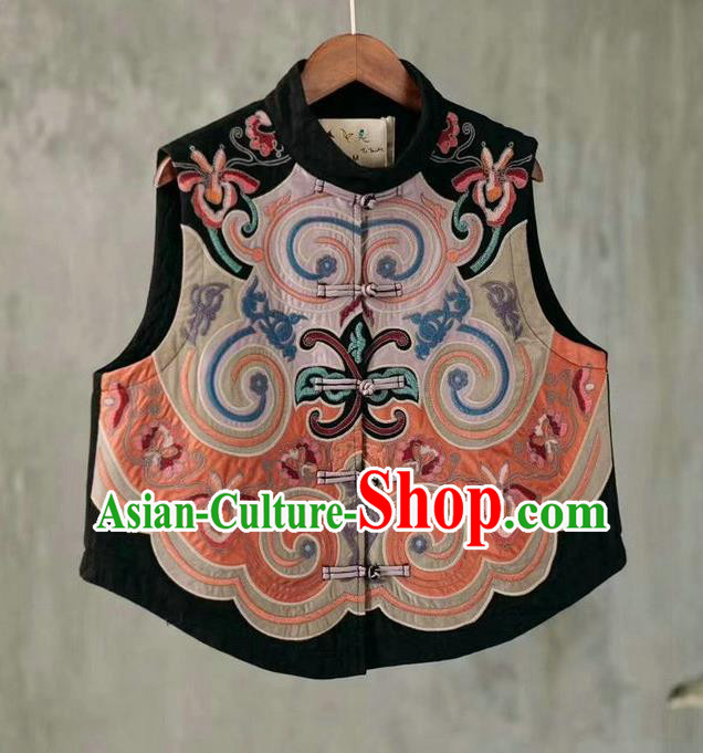 China Embroidered Waistcoat Traditional Tang Suit Upper Outer Garment Black Flax Clothing National Women Vest