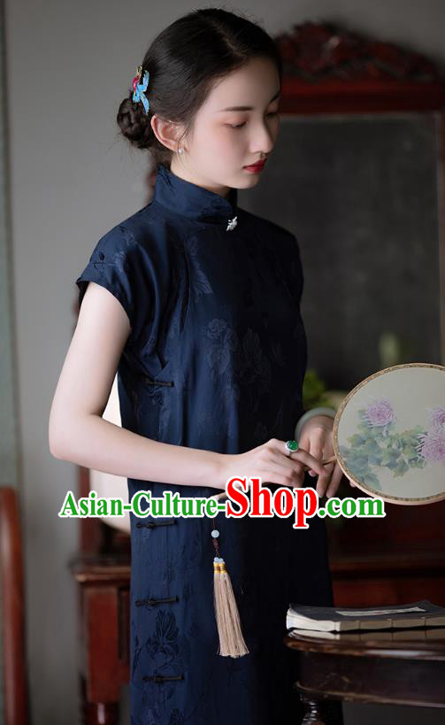 Chinese Traditional Women Navy Satin Cheongsam National Costume Classical Silk Qipao Dress