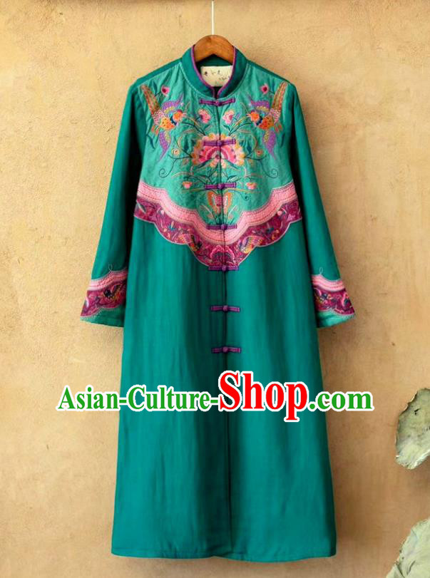 China Traditional Winter Costume Tang Suit Women Overcoat National Embroidered Green Flax Dust Coat