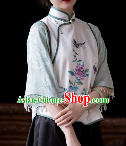 Chinese Tang Suit Embroidered Shirt National Upper Outer Garment Traditional Classical Silk Blouse for Women