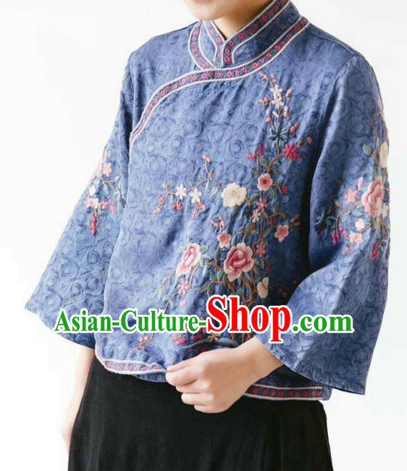China National Women Traditional Costume Tang Suit Embroidered Blue Shirt Classical Cheongsam Upper Outer Garment