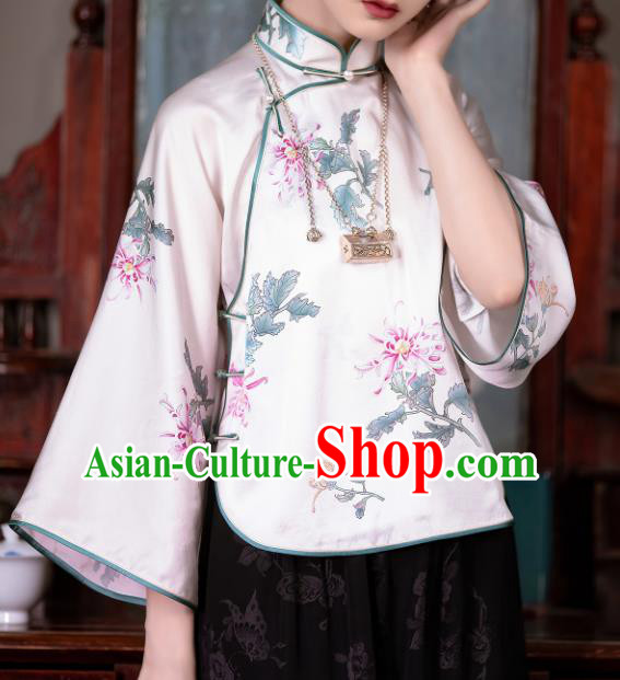 Chinese Traditional Printing Chrysanthemum White Silk Blouse Tang Suit Upper Outer Garment National Shirt for Women