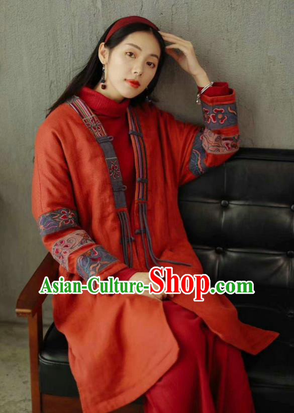 China National Embroidered Cotton Padded Coat Traditional Winter Costume Tang Suit Women Red Overcoat