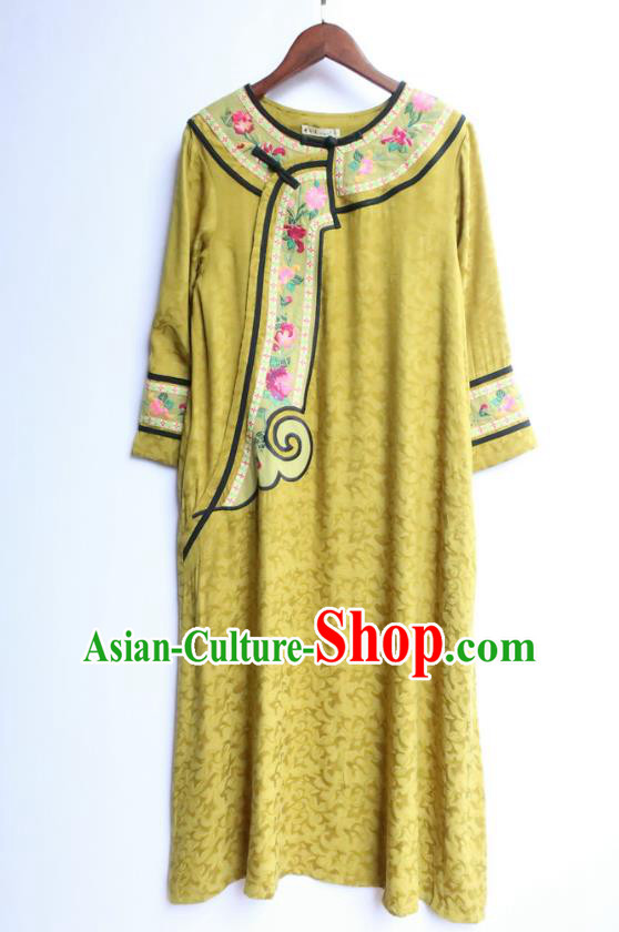 Chinese Women Traditional Embroidered Classical Cheongsam Clothing National Yellow Qipao Dress