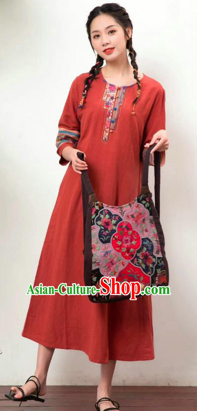 Chinese Women Traditional Clothing National Embroidered Red Flax Dress