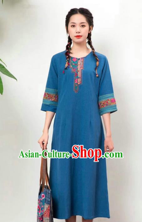 Chinese National Embroidered Costume Women Traditional Clothing Blue Flax Dress