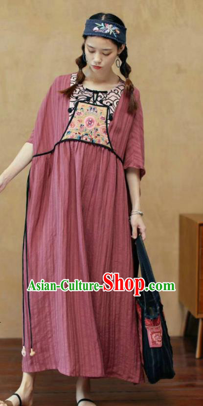 Chinese National Dark Red Flax Dress Embroidered Costume Women Traditional Clothing