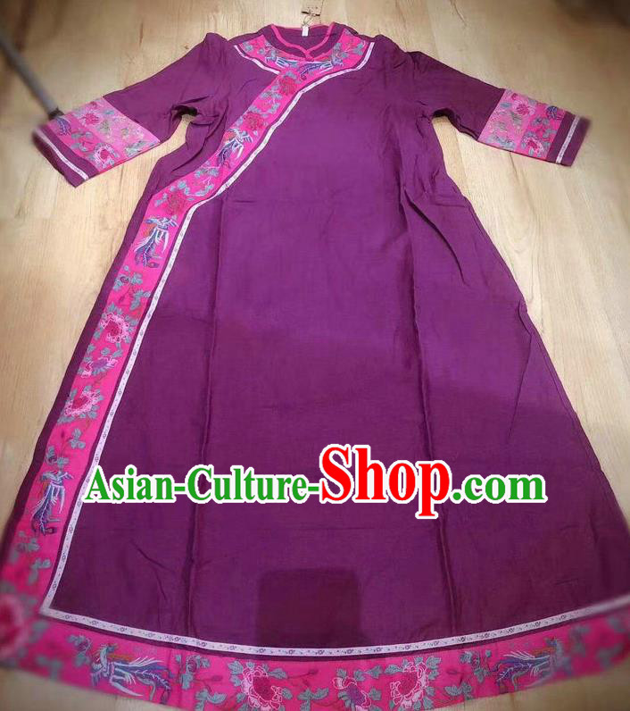 Chinese Embroidered Costume Women Traditional Cheongsam Clothing National Purple Flax Qipao Dress