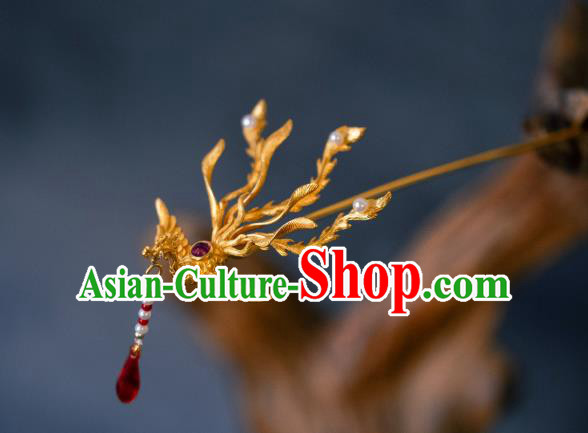 China Ming Dynasty Hair Accessories Handmade Ancient Golden Phoenix Tassel Hairpin