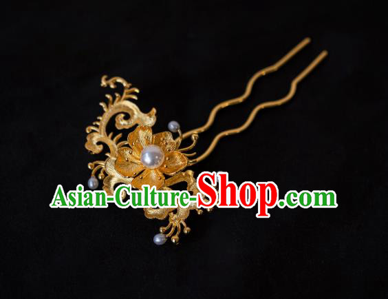 China Handmade Ancient Golden Fissidens Flower Hairpin Ming Dynasty Hair Accessories