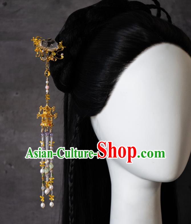 China Ancient Princess Osmanthus Rabbit Hairpin Ming Dynasty Gilding Hair Accessories Palace Tassel Step Shake