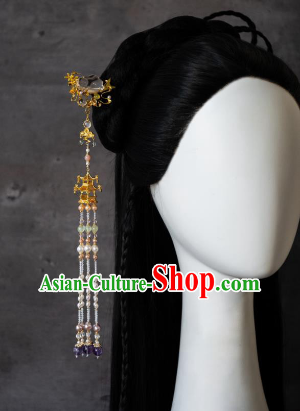 China Ancient Palace Pearls Tassel Step Shake Princess Osmanthus Rabbit Hairpin Ming Dynasty Gilding Hair Accessories