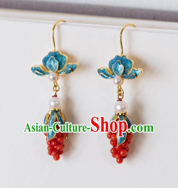 China Traditional Qing Dynasty Court Women Red Beads Grape Earrings Imperial Palace Enamel Ear Jewelry