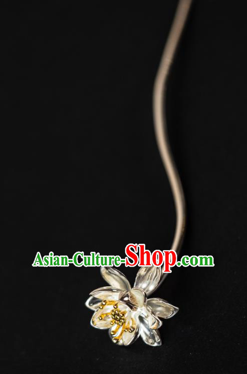 China Ming Dynasty Princess Silver Lotus Hair Stick Ancient Hairpins Palace Lady Hair Accessories
