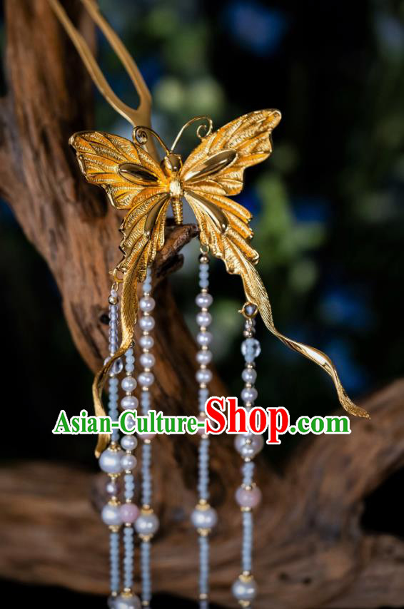 China Traditional Butterfly Tassel Hairpins Song Dynasty Palace Hair Stick Ancient Court Empress Gilding Hair Accessories