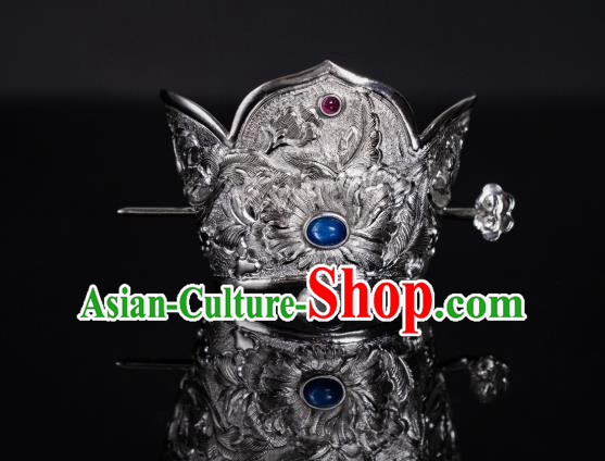 China Traditional Silver Hair Crown Tang Dynasty Female Swordsman Hair Stick Ancient Peony Hair Accessories