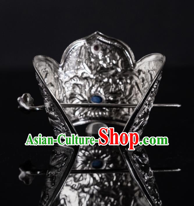 China Traditional Silver Hair Crown Tang Dynasty Female Swordsman Hair Stick Ancient Peony Hair Accessories