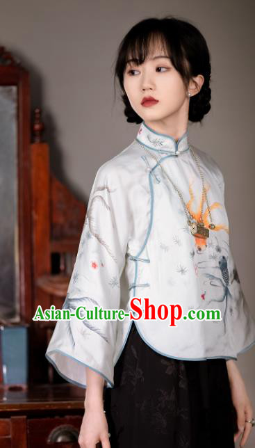 China Tang Suit Upper Outer Garment Traditional Printing Goldfish White Silk Blouse