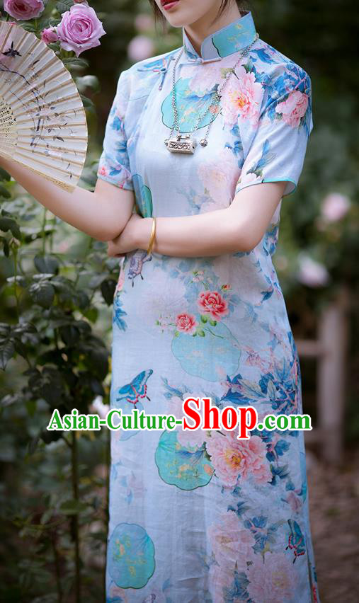 Republic of China Classical Peony Butterfly Pattern Light Blue Qipao Dress Traditional National Costume Cheongsam