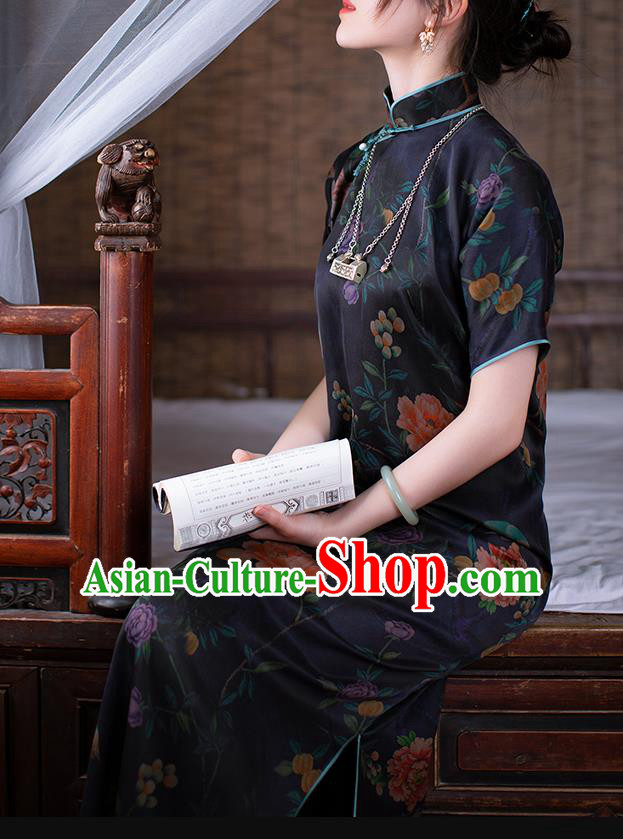 Republic of China Black Silk Qipao Dress Traditional National Costume Classical Peony Pattern Cheongsam