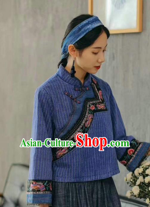 China National Women Blue Flax Shirt Traditional Classical Costume Tang Suit Embroidered Cheongsam Upper Outer Garment