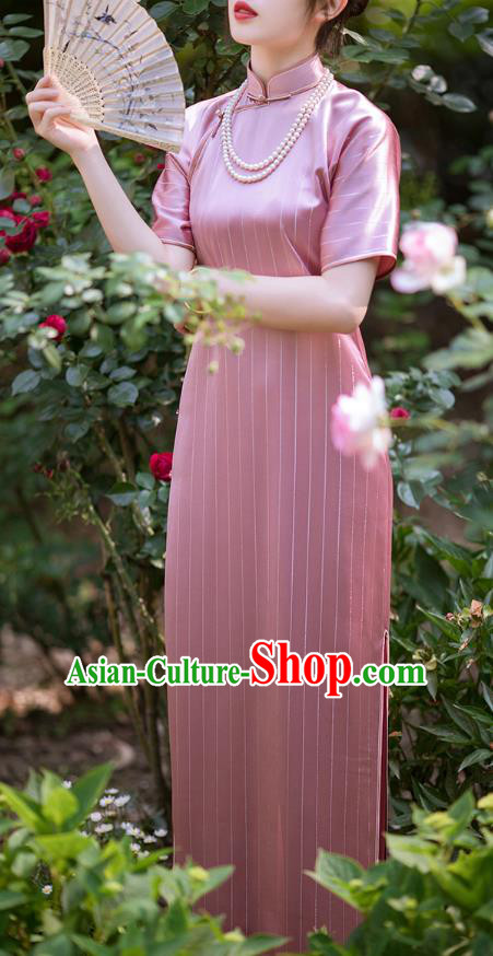 Republic of China National Cheongsam Pink Silk Qipao Dress Traditional Classical Costume