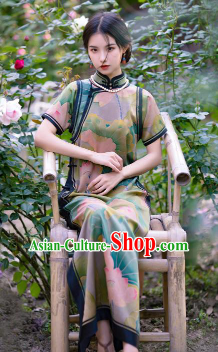 Republic of China Traditional Lotus Pattern Green Silk Qipao Dress Classical Costume National Cheongsam