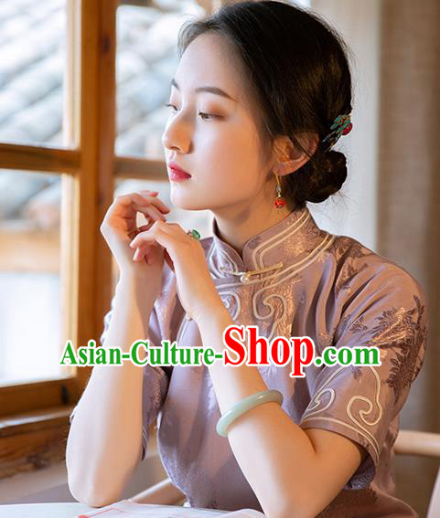 Republic of China Classical Costume Women Dress National Embroidered Cheongsam Traditional Grape Pattern Lilac Silk Qipao