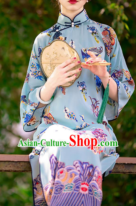 China Classical Printing Phoenix Blue Cheongsam National Women Dress Traditional Silk Qipao Costume