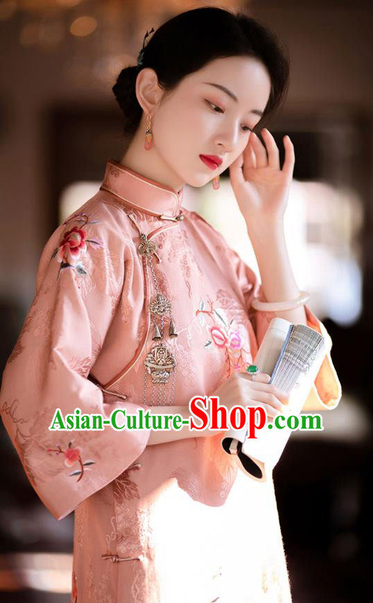 China Classical Pink Silk Cheongsam Traditional Qipao Costume National Women Embroidered Peony Dress