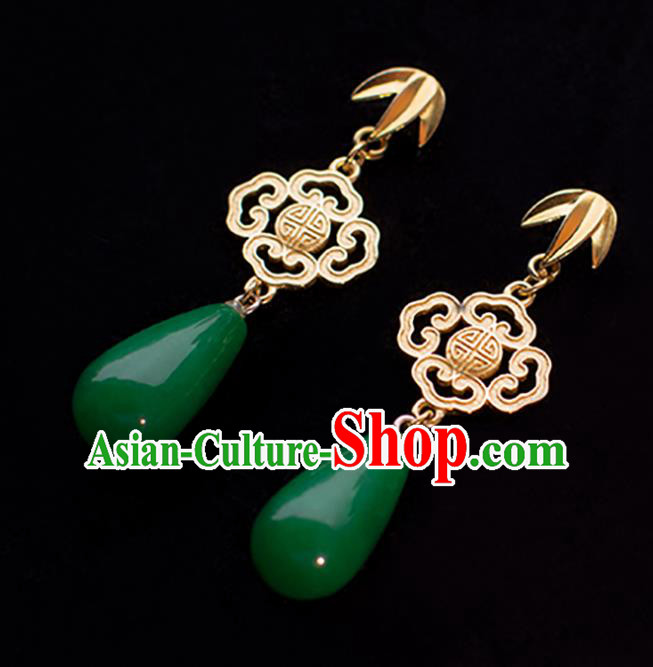 Chinese Classical Golden Bamboo Leaf Earrings Traditional Handmade Qing Dynasty Jade Ear Accessories