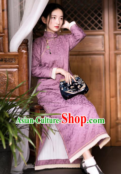 China Classical Cheongsam Traditional Costume Purple Silk Qipao National Women Dress