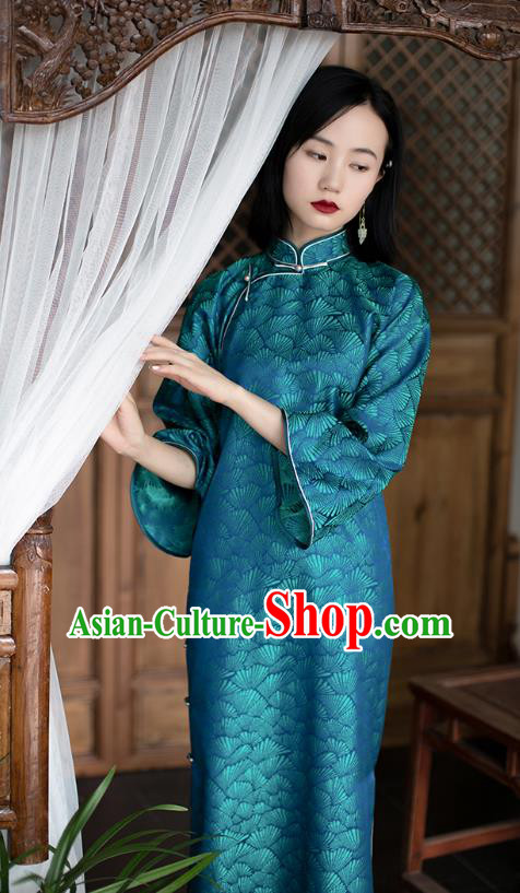 China Traditional Costume Blue Silk Qipao National Women Dress Classical Cheongsam