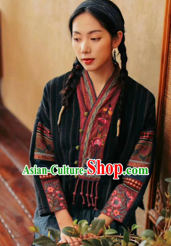 China Traditional Classical Costume Tang Suit Embroidered Cheongsam Upper Outer Garment National Women Black Flax Shirt