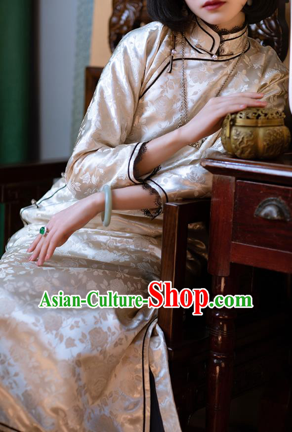 China Traditional Beige Silk Qipao Costume National Women Dress Classical Cheongsam