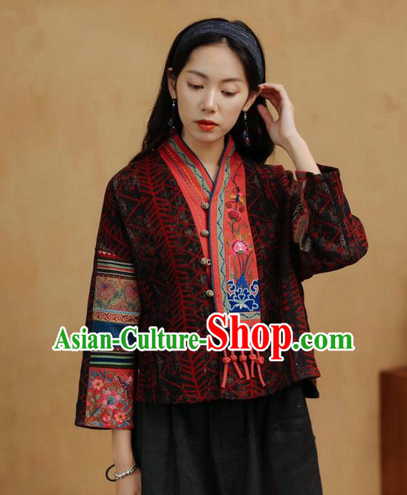 China Traditional Tang Suit Costume Embroidered Cheongsam Upper Outer Garment National Women Brown Flax Jacket