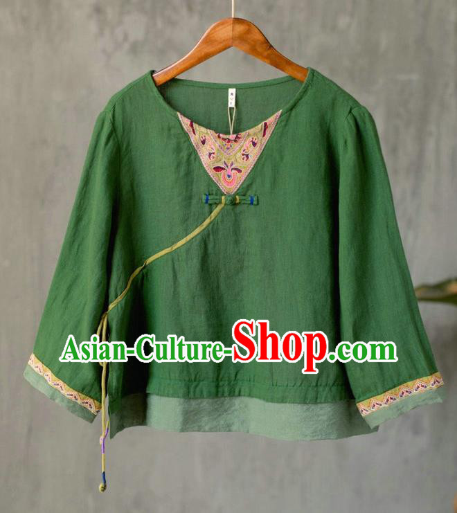 China National Women Embroidered Green Flax Blouse Traditional Cheongsam Upper Outer Garment Tang Suit Costume