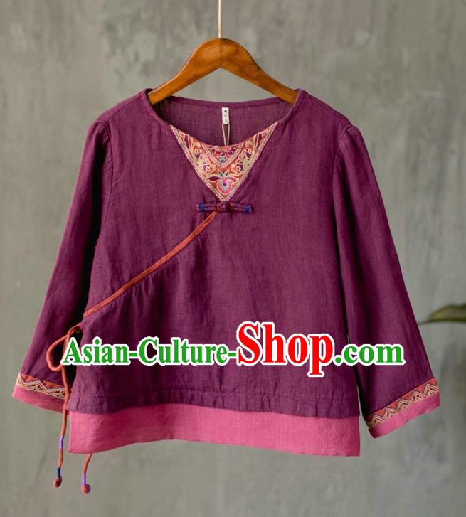 China Traditional Cheongsam Upper Outer Garment Tang Suit Costume National Women Embroidered Purple Flax Blouse
