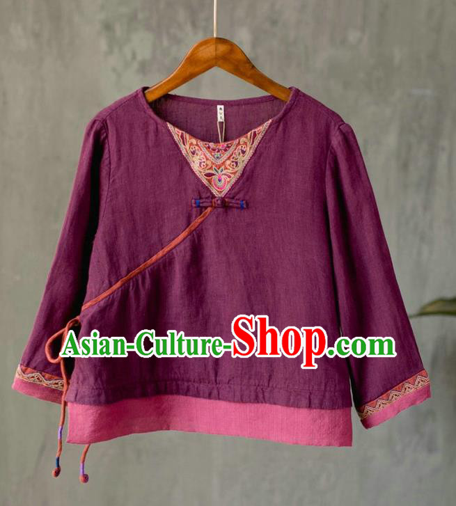 China Traditional Cheongsam Upper Outer Garment Tang Suit Costume National Women Embroidered Purple Flax Blouse