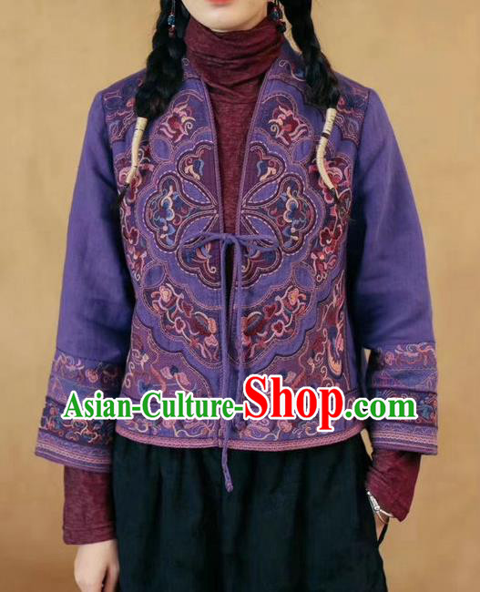 China National Embroidered Purple Flax Jacket Traditional Women Outer Garment Tang Suit Costume