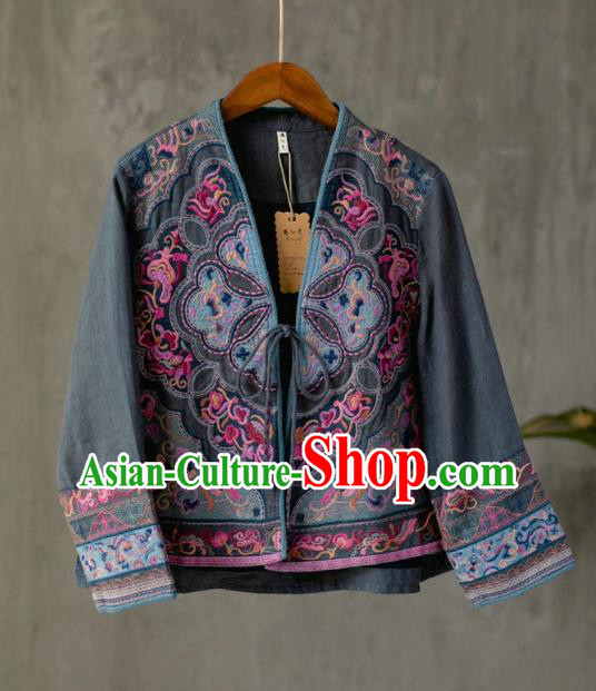 China Traditional Women Outer Garment Tang Suit Costume National Embroidered Grey Flax Jacket