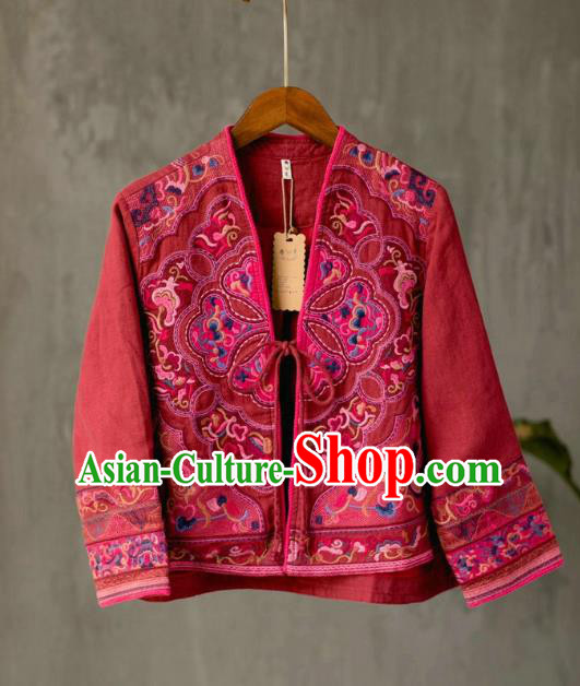 China Tang Suit Costume National Embroidered Red Flax Jacket Traditional Women Outer Garment