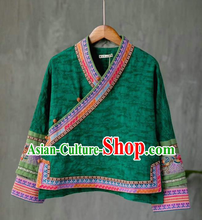 China Traditional Women Upper Outer Garment National Embroidered Shirt Tang Suit Green Flax Blouse Costume